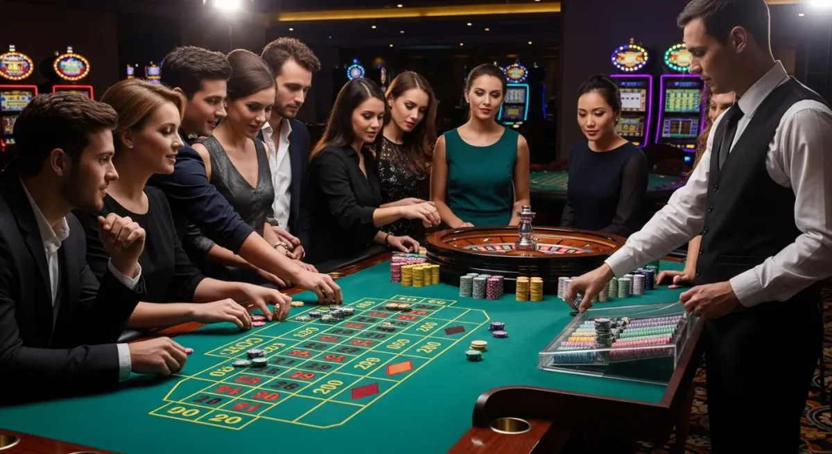 Madame Destiny Megaways Giocatori al tavolo da roulette con croupier, fiches e ruota
