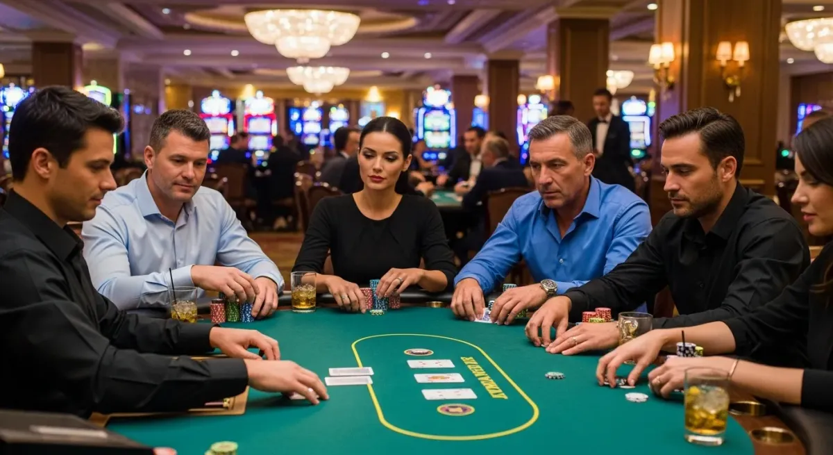 Madame Destiny Megaways Uomini e donne giocano a poker al tavolo del casinò