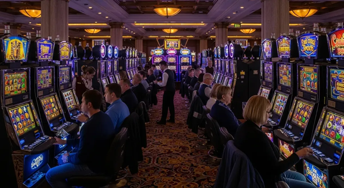 Madame Destiny Megaways Persone giocano alle slot machine in un casinò lussuoso e affollato