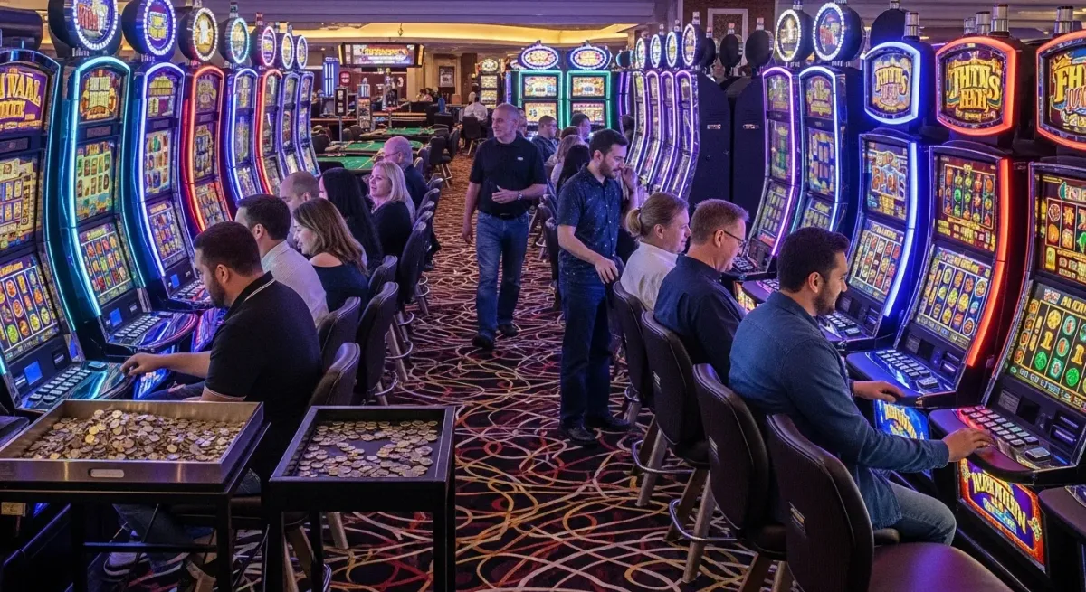 Madame Destiny Megaways Persone che giocano alle slot machine luminose in un casinò affollato