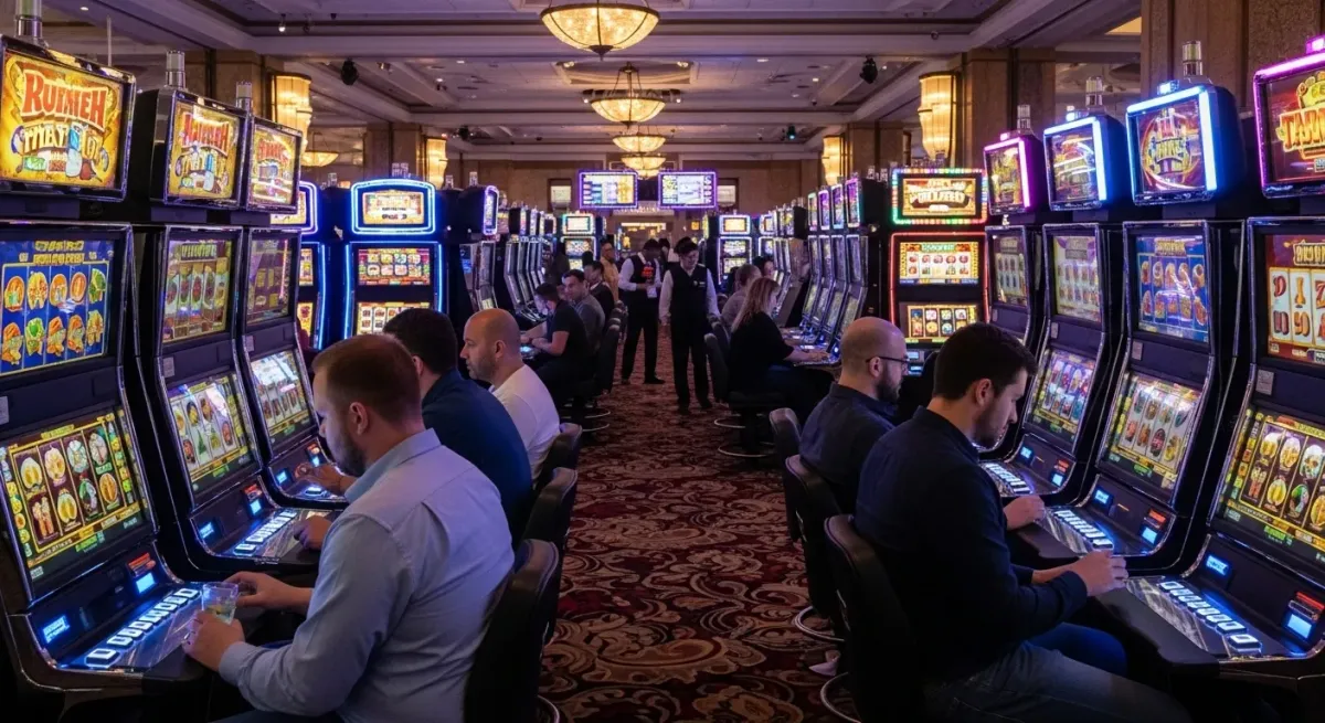 Madame Destiny Megaways Giocatori alle slot machine in un casinò affollato e luminoso