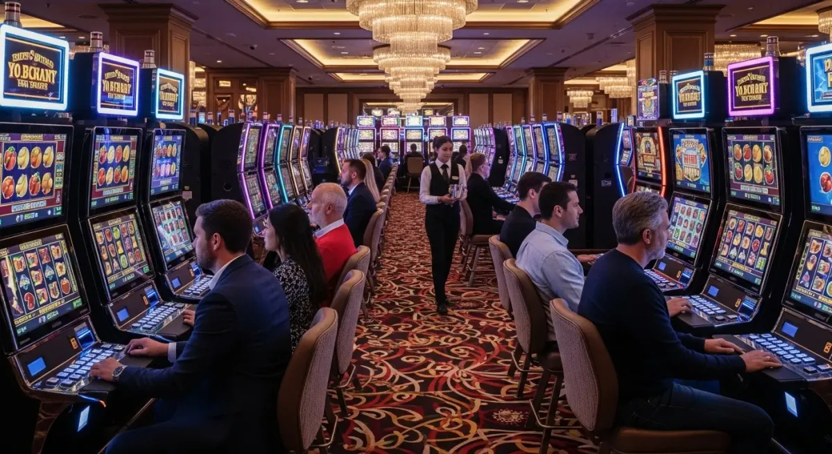 Madame Destiny Megaways Persone giocano alle slot machine in un lussuoso casinò